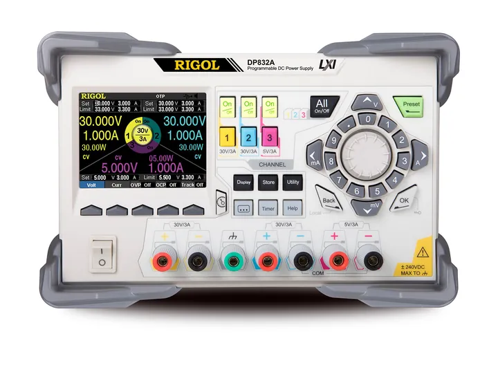 RIGOL DP832 195 W 3-Channel Programmable DC Power Supply, product view (DP832A shown)